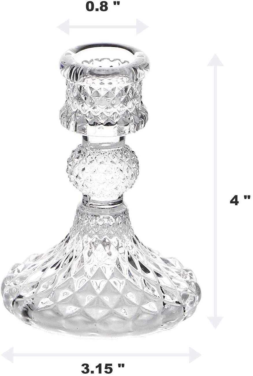 Clear Glass Candlestick Holders Set of 2，Taper Candle Holders Fit 0.8 Inch Candles, Crystal Decorative Candle Stand Centerpiece for Table Wedding Dinning Party 4 Inch Tall