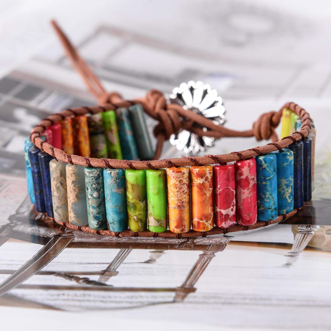 YGLINE Chakra Handmade Leather Wrap Bracelet Imperial Jasper Wrap Adjustable Bead Bracelet