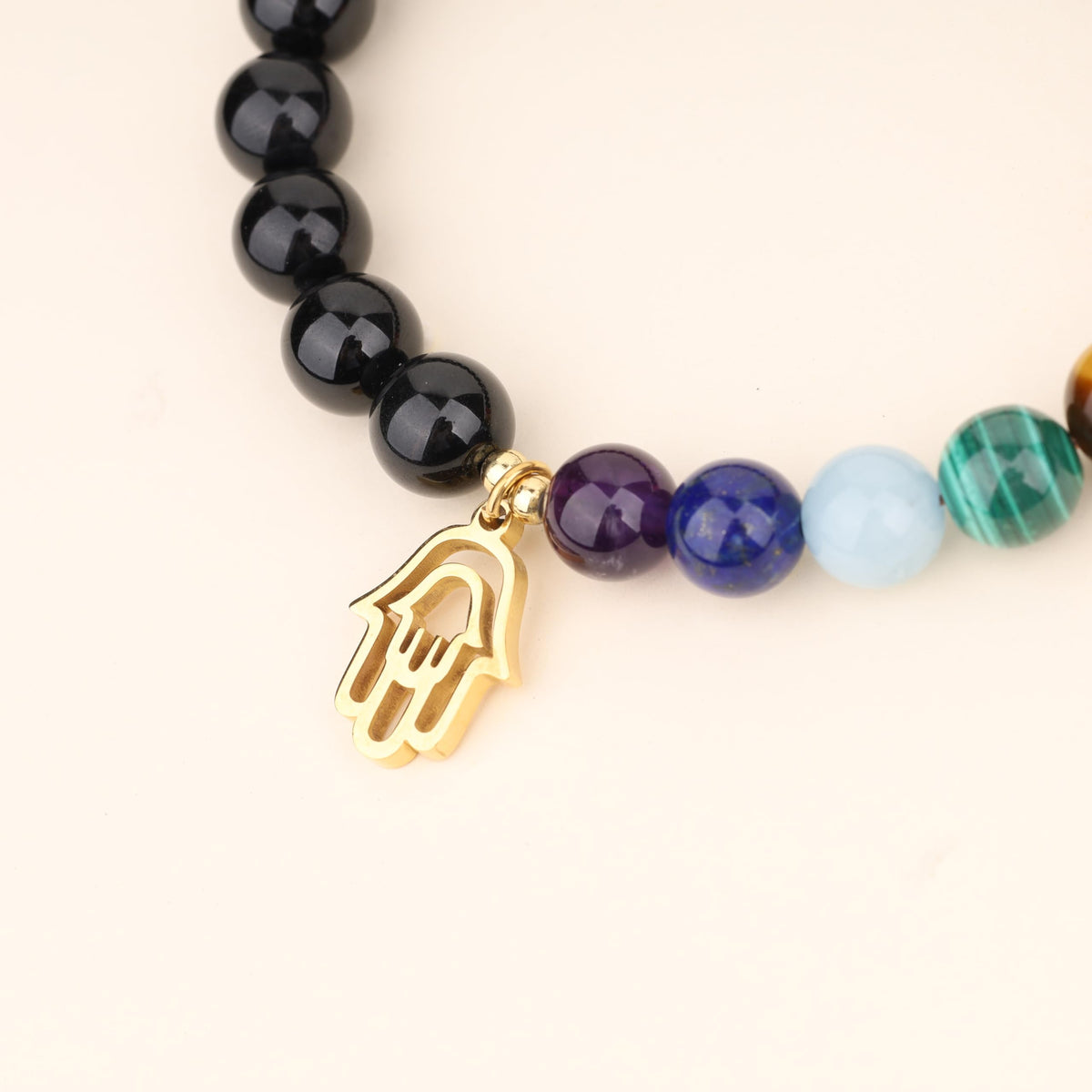 COAI Hamsa Hand Bracelet 7 Chakra Balancing Bracelet Black Tourmaline Bracelet for Women Men