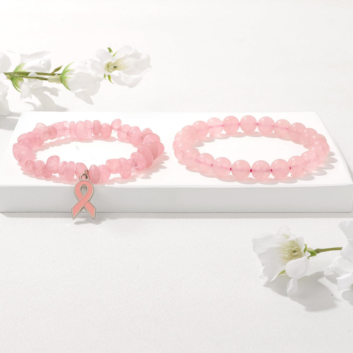 GolbalJew Breast Cancer Awareness Bracelets for Women Pink Ribbon Charm Rose Quartz Beads Bracelet Natural Stone Breast Cancer Encouragement Jewelry Gifts