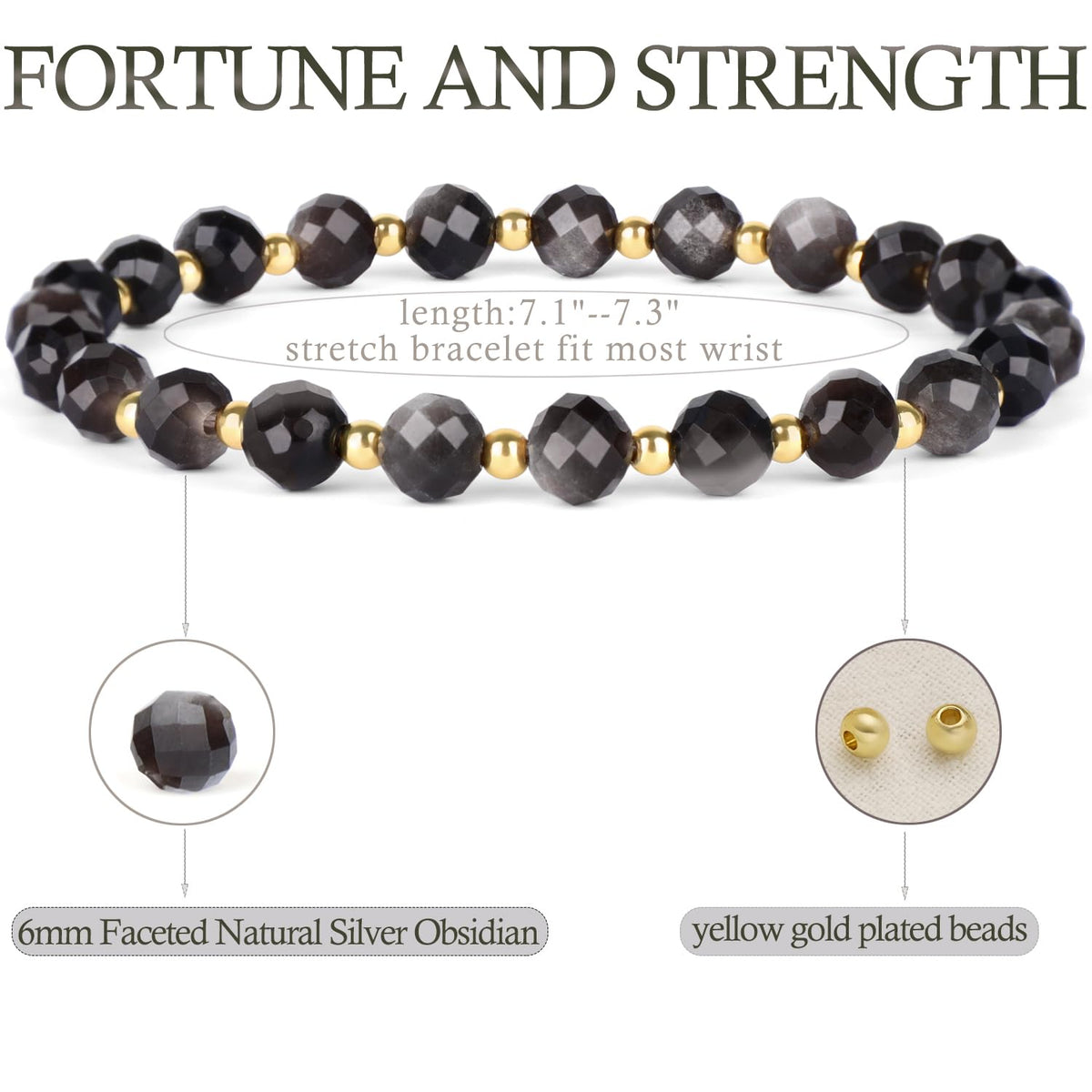 QOGIR Silver Obsidian - Fortune and Strength - 14K Gold Plated Beads Natural Gemstone Stretch Elastic Dainty Healing Beaded Bracelets Gifts 6mm