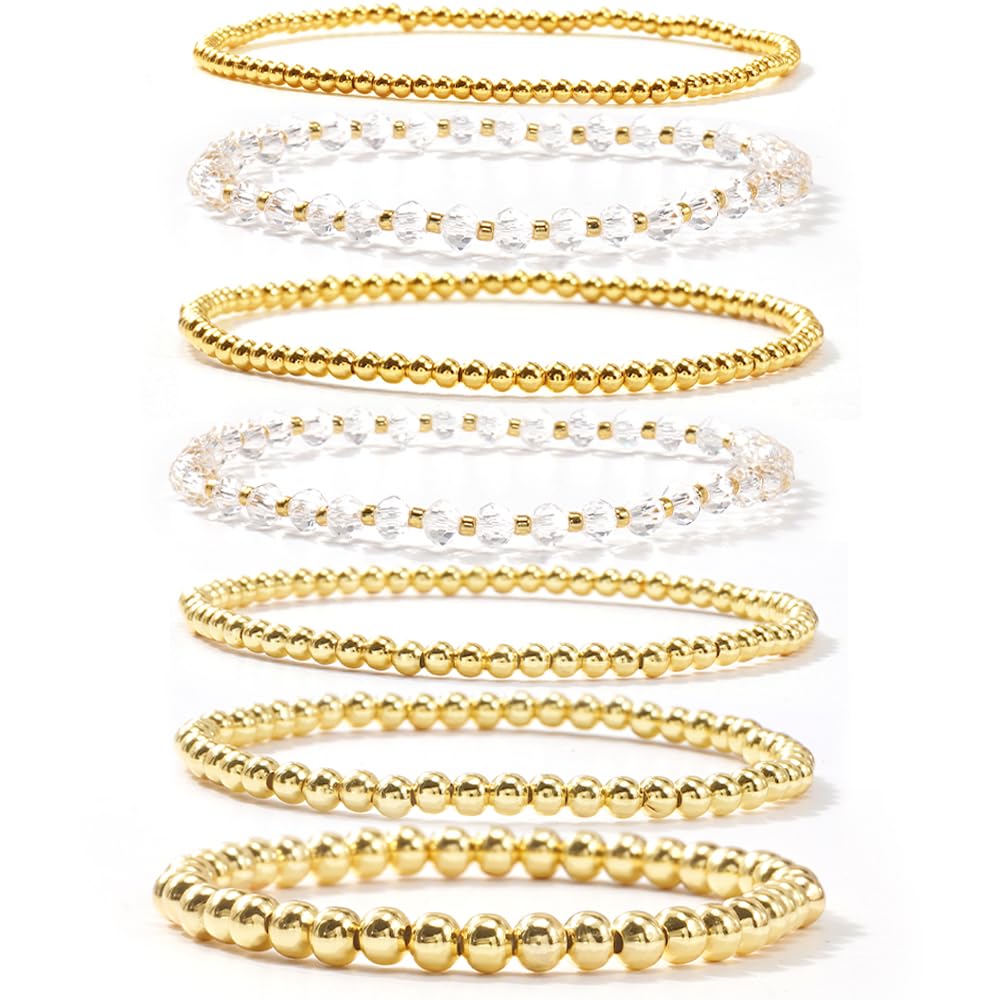 Dainty Gold Beaded Bracelet Stack for Women,Bohemia Stretch White Glass Beads Non Tarnish Stackable Bracelets Set Fashion Prom Party Holiday Accessories Jewelry Gift Friendship
