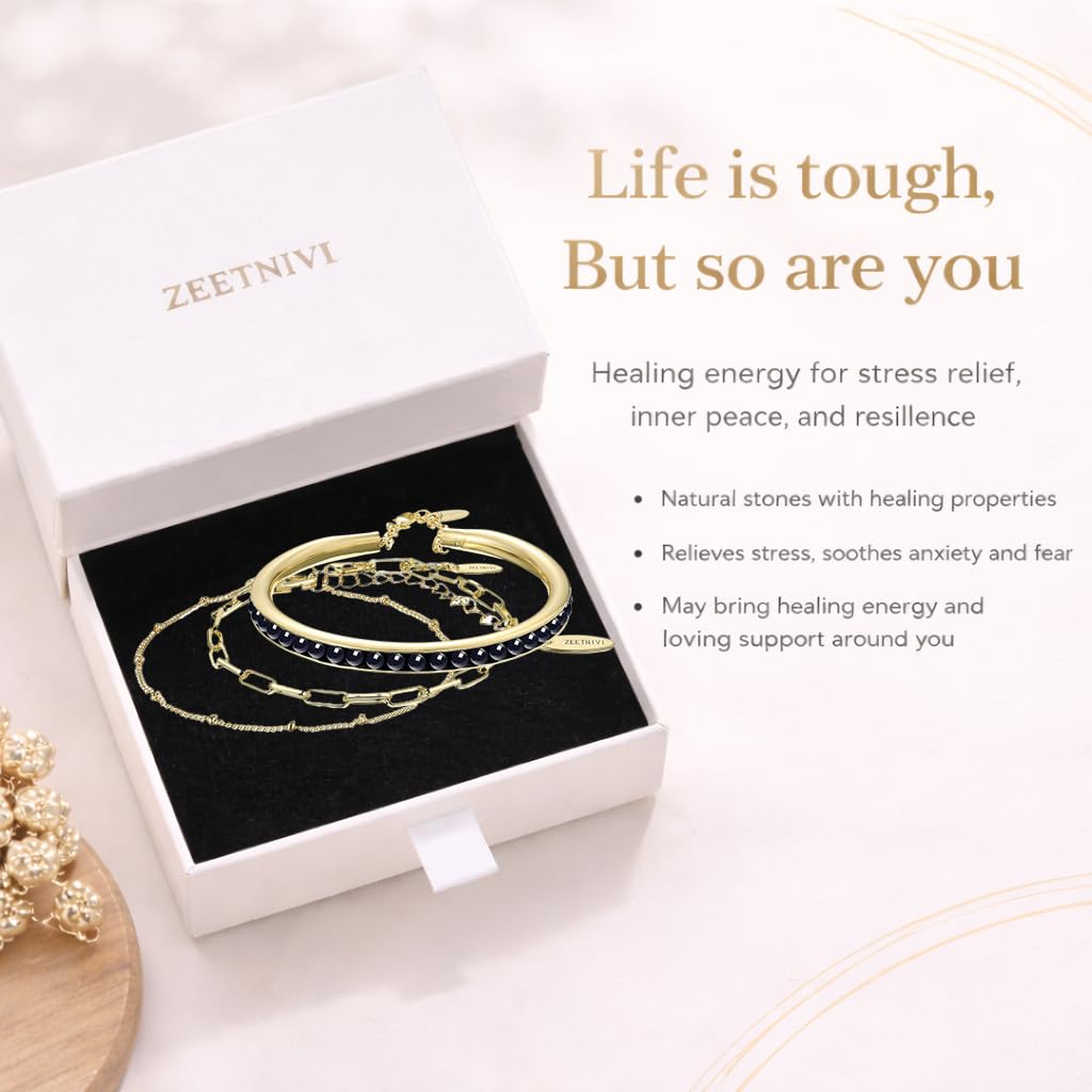 ZEETNIVI Intentional Healing Stones Bracelet for Women, 3PCS Layered Set with Semi‑Precious Stone Beads, Inspirational Jewelry for Calm Rituals & Emotional Balance
