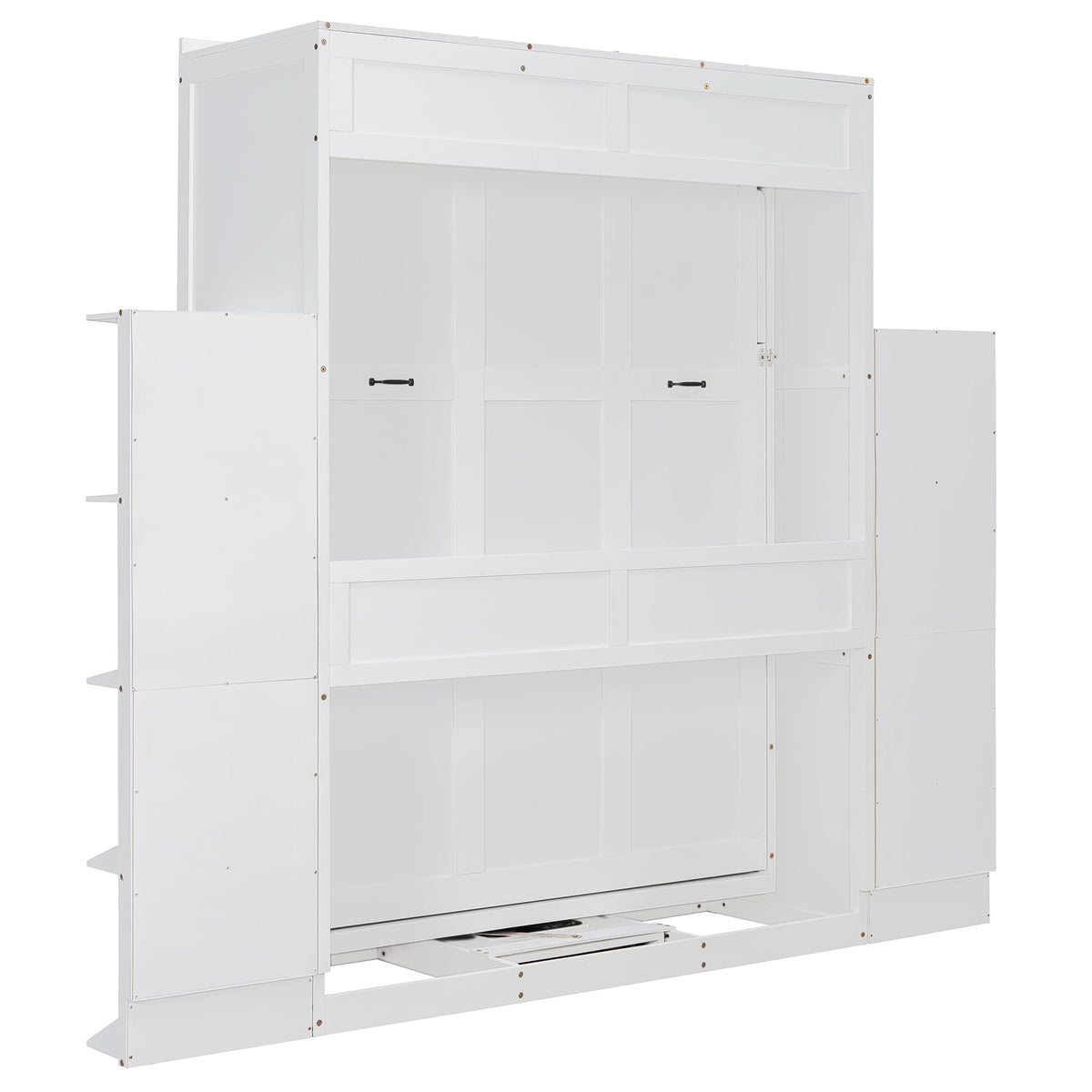 Rotating Full Murphy Bed with Hidden Wall Cabinet, Dual 3-Tier Side Shelves, Convertible Desk, Extra Storage Racks, Space-Saving Multifunctional Wall Bed for Home Office &Small Rooms, White