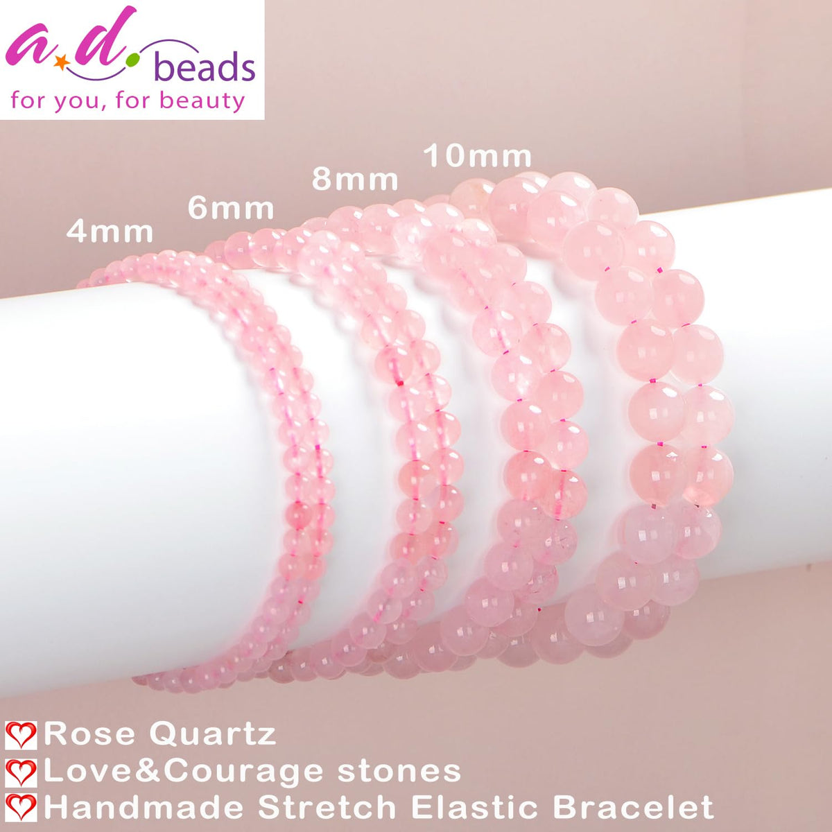 AD Beads Handmade Gemstone Stretch Elastic Bracelet Crystal Healing Reiki Nature's Beauty and Spiritual Essence Unisex (10mm, Rose Quartz)