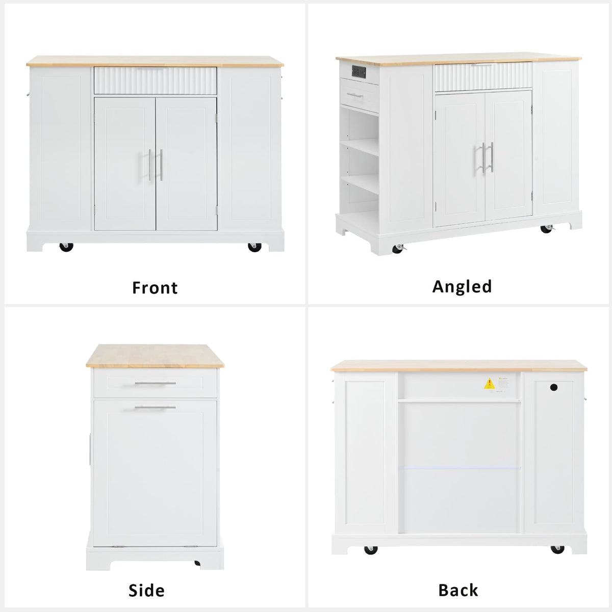 Ball & Cast Fluted Kitchen Island with Trash Can Storage Cabinet,Power Outlet,Internal Storage Rack,Rolling Kitchen Islands On 5 Wheels W/ 3 Drawer & 3 Open Side Racks for 10 Gallon Garbage Bin,White