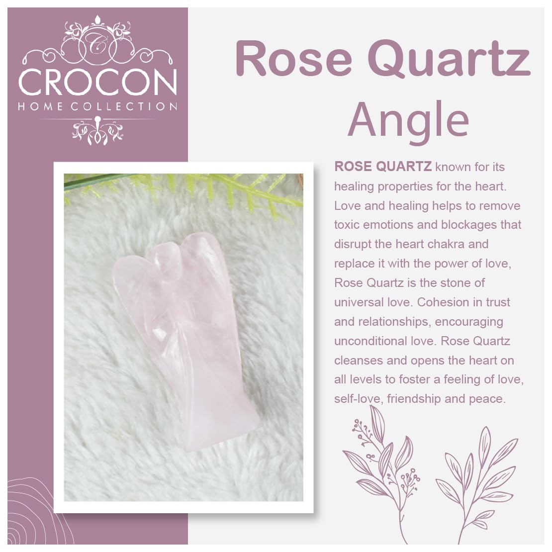 Crocon Rose Quartz Gemstone Guardian Angel Healing Figurine, Hand Carved Pocket Angel - Crystals for Positive Energy, Handmade Mini Statue for Love, Peace & Healing, Natural Gemstone Healing Figurine