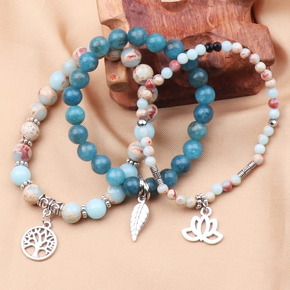 UEUC Tree of Life Yoga Healing Stone Bracelets, Multilayer Lotus Chakra Stone Reiki Bracelet Sets, Anxiety Crystal Natural Stone,for Women Stress Relief(#134)
