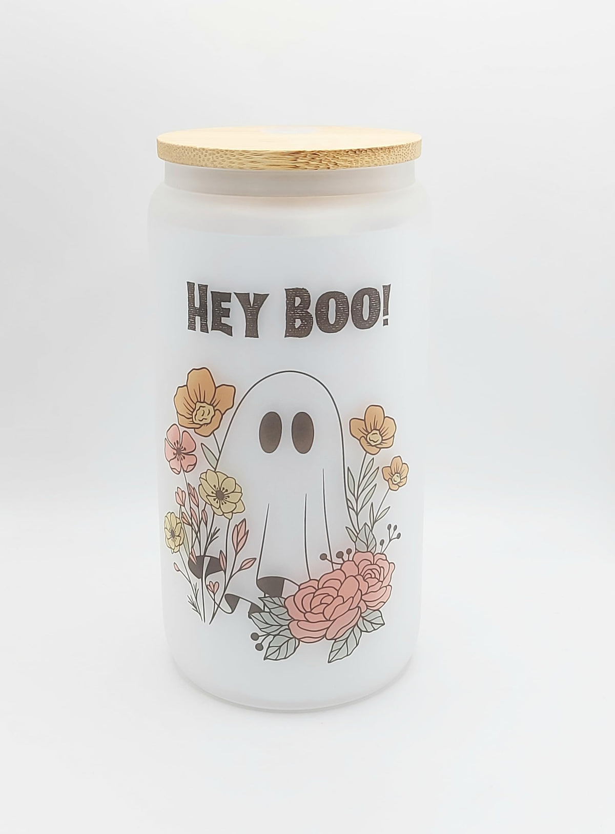 Floral Ghost “Hey Boo!” – 16 Oz Frosted Glass Can | Cute Halloween Iced Coffee Cup | Spooky Season Aesthetic Tumbler | Fall Gift for Her | Reusable Glass Cup with Straw