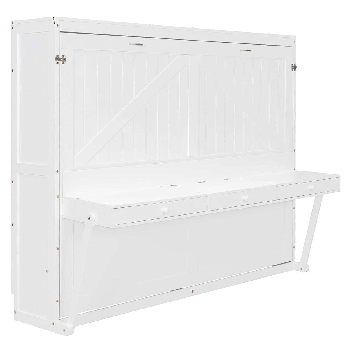 Merax Queen Size Murphy Bed with Vanity Desk, Foldable Murphy Cabinet Bed with Center Mirror and 2 Side Storage Drawers, Wood Space-Saving Hidden Wall Bed Cabinet for Guest Room Office, White