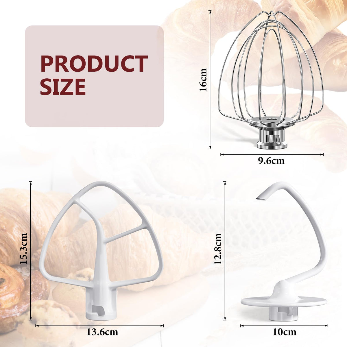 LETOMS Stand Mixers Accessories 3-Piece Including K45WW Wire Whip & K45DH Dough Hook & K45B Flat Beater fit for Kitchenaid 4.5-5QT Tilt-Head Stand Mixers