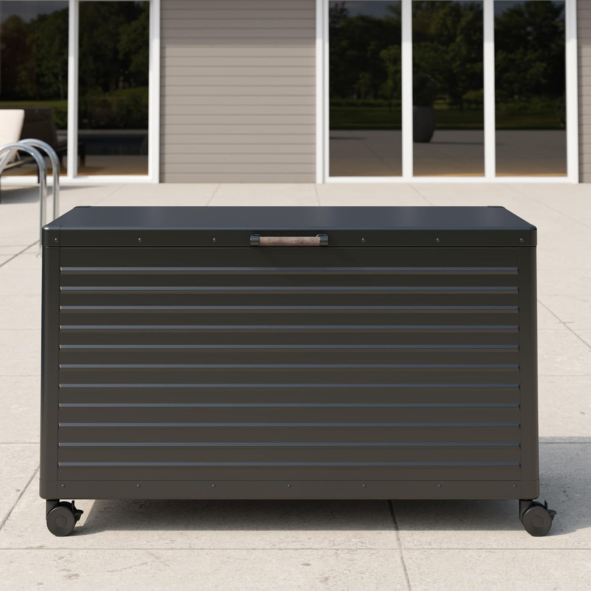 MIRADOR 134 Gallon Outdoor Storage Box with Wheels & Soft-Close Lid, Waterproof Metal Deck Box for Patio Cushions, Garden Tools & Pool Accessories, Charcoal