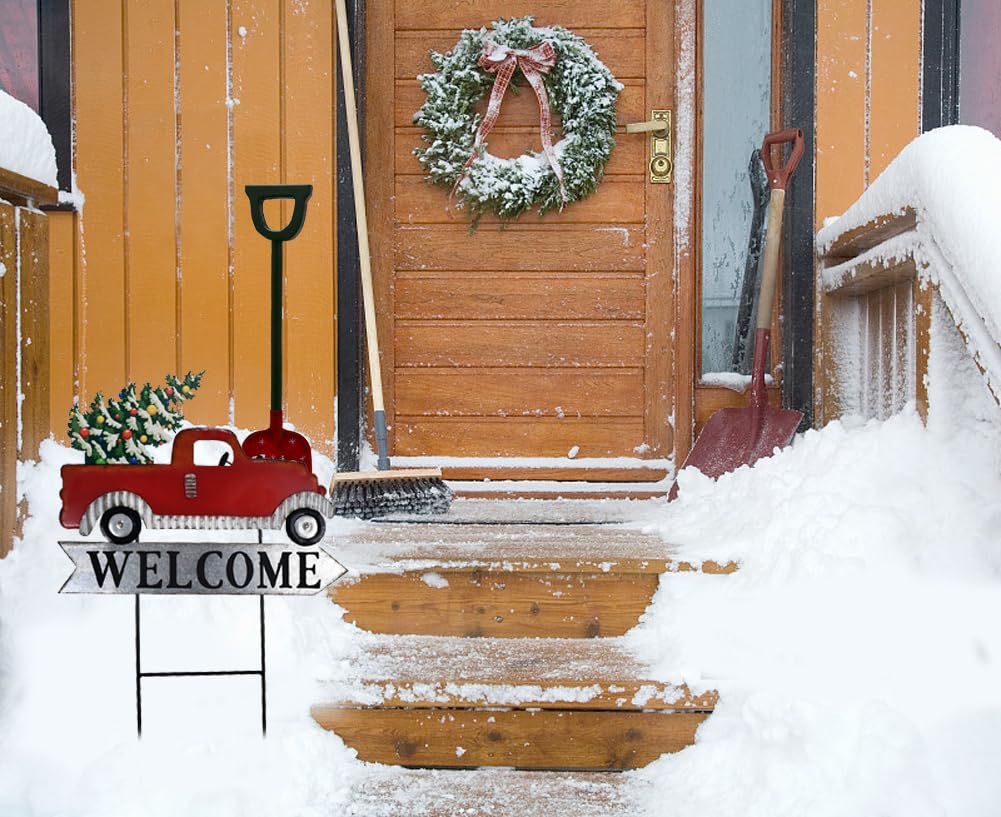 Red Truck Christmas Yard Sign with Interchangeable Christmas Tree Pumpkin Ornament Loads Rustic Metal Pickup Welcome Yard Sign Xmas Outdoor Garden Lawn Stake