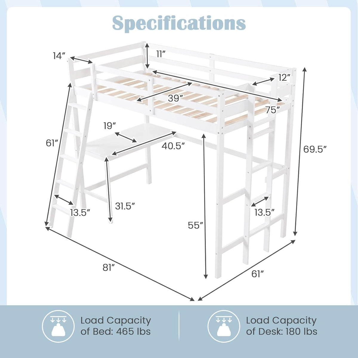 KOMFOTT Twin Loft Bed with Desk, Solid Wood Twin Bed Frame with 2 Ladders, Safety Guardrail for Teenagers, Space-Saving Loft Bed with Wooden Slats Support, No Box Spring Needed (White)
