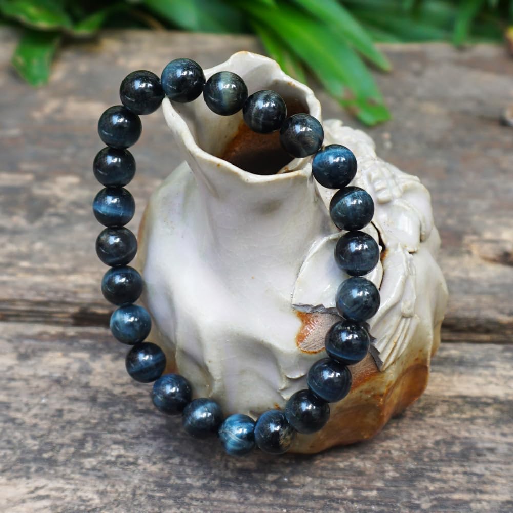TaHLga 8mm Blue Tigers Eye Bracelet for Women Men | Natural Handmade Protection Hawks Eye Throat Chakra Gemstone Crystal Jewelry | Beading Tool Kit - Fits for 6.5-7.5" Wrist | Boost Motivation