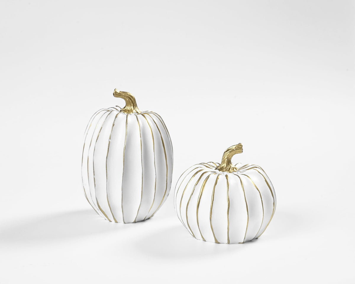 FESTGLOX Fall Pumpkin Decor, 2 PCS Resin Thanksgiving Fake Pumpkin Figurines, White and Gold Pumpkins for Decorating, Fall Decorations for Home, Farmhouse, Harvest Table Centerpiece