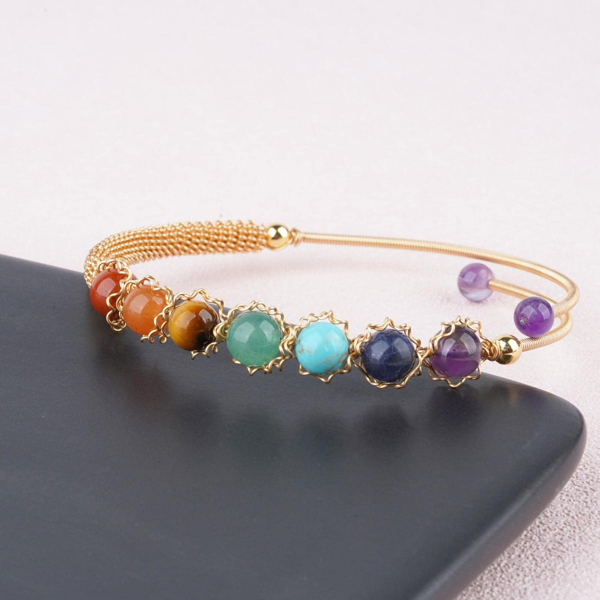 ASGIFT 7 Chakra Bracelet Adjustable 14K Gold Wire Wrapped 6.5mm Beads Bracelet Natural Crystal Yoga Meditation Bracelet Jewelrys for Women