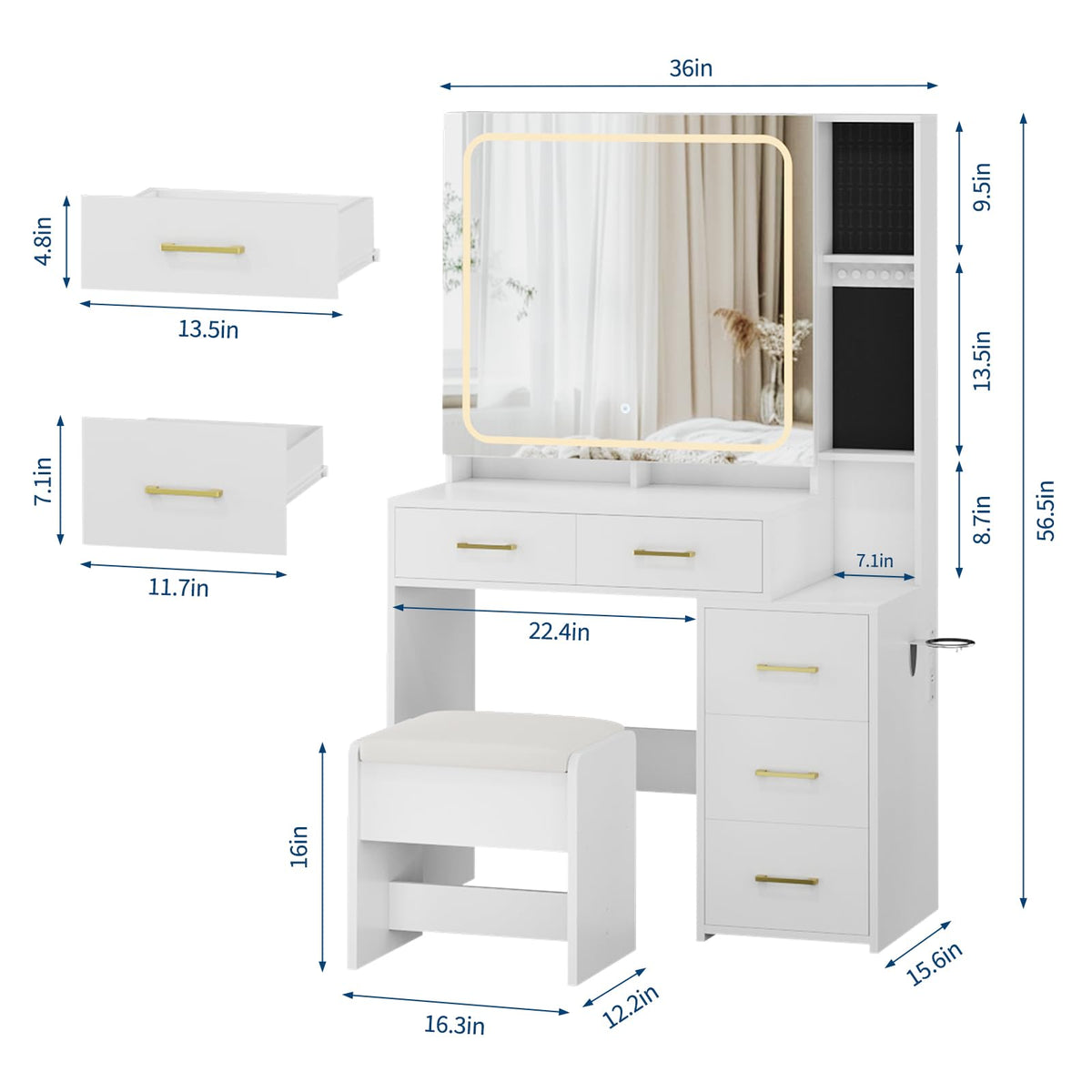 GarveeHome Makeup Vanity Set with Mirror and Lights, Vanity Desk with 5 Drawers, Stool & Power Outlet, 3-Color Lighting Modes with Adjustable Brightness for Bedroom Dressing Table, White