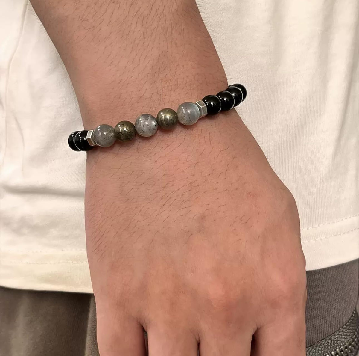 TUQBA Manifestation and Protection Beaded Crystal Bracelet for Men and Women Natural Stone Jewelry with Onyx, Smoky Quartz, Pyrite, Labradorite Mothers Days Gift, Christmas, Baptism, Birthday
