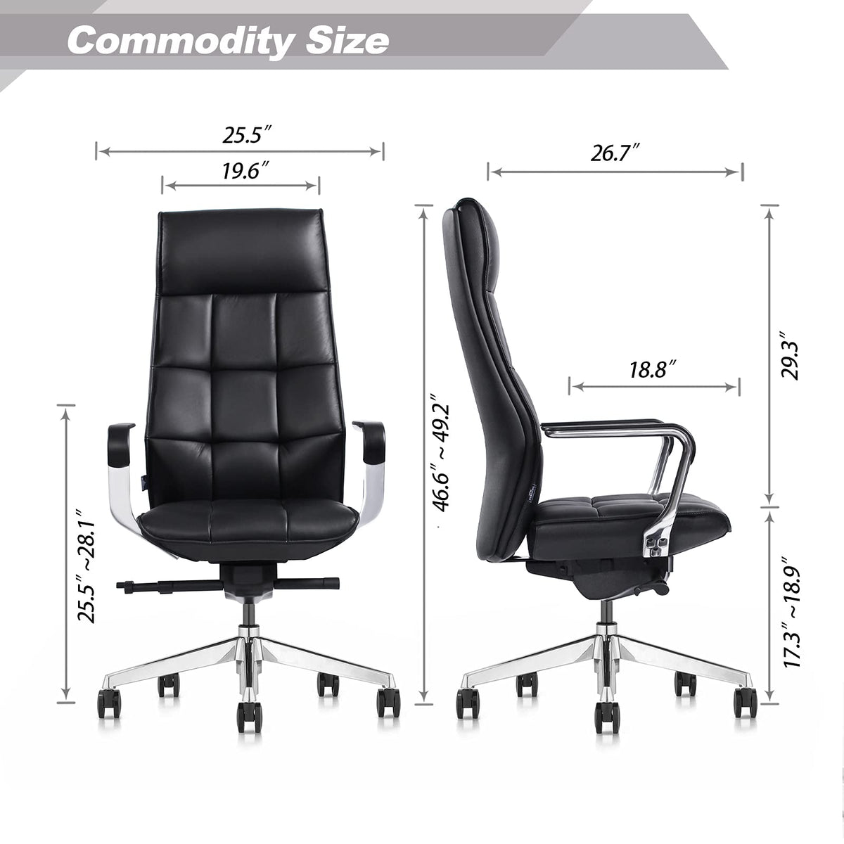 FURIJING Genuine Leather Aluminum Base High Back Executive Chair,Modern Ergonomic Real Leather Office Chair Boss Executive Chair with Synchro-Tilt Mechanism-Black.