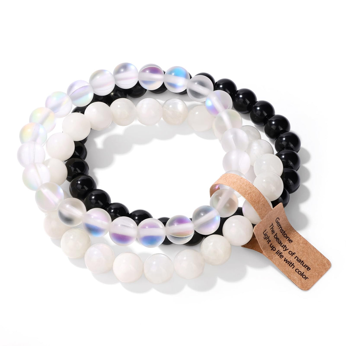Risyfjew 3 PCS Moonstone Healing Crystal Bracelets Women 8mm NaturalMoonstone Stone Beaded Stretch Bracelet Crystal Gifts for Women