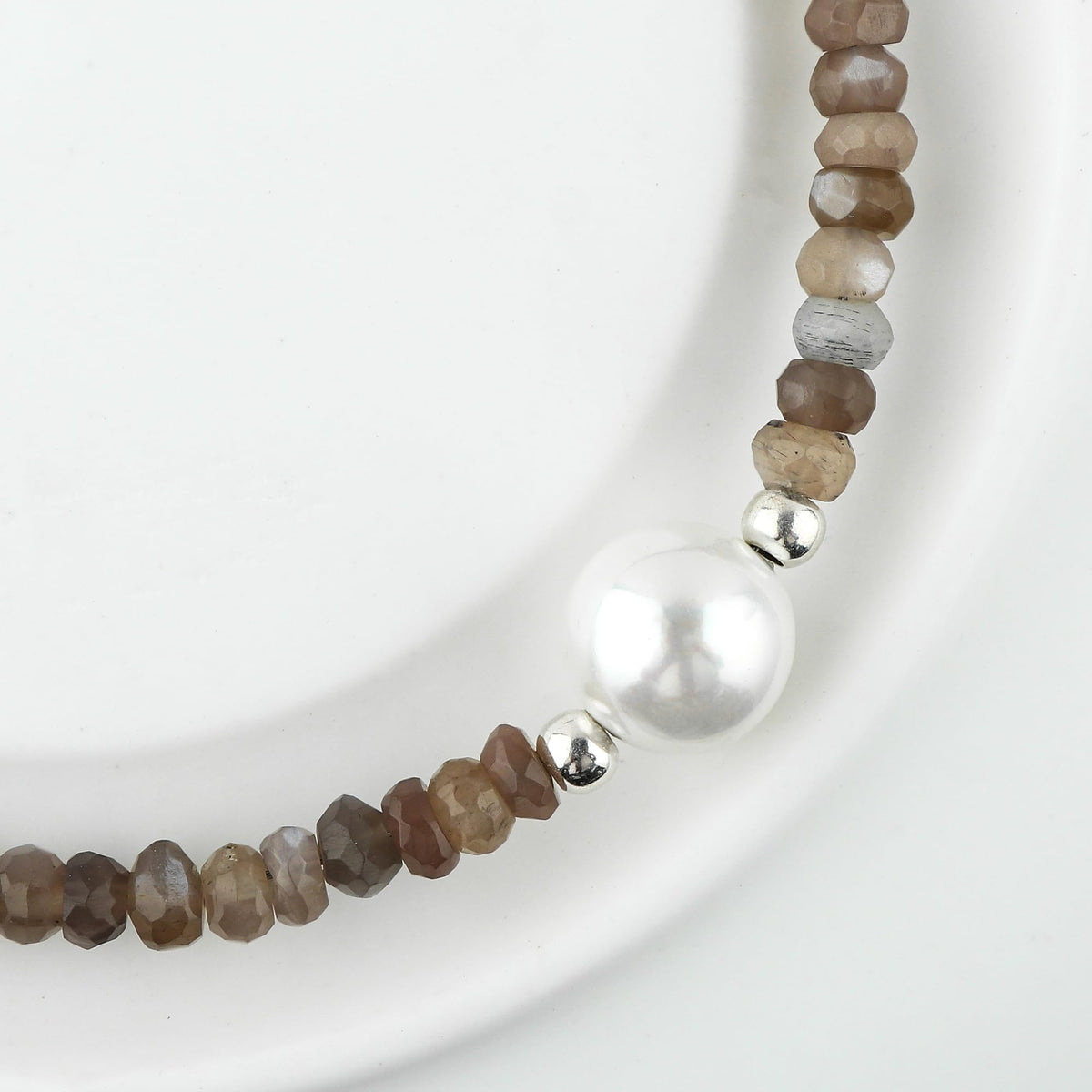 CRYSTALINES Natural Grey Moonstone Gemstones Beads Bolo Bracelets with Pearl, Handmade, Beaded Bracelet, Real Crystals Jewelry, Women Bracelet, Silver Plated Adjustable Chain 6+4inch, A Grade