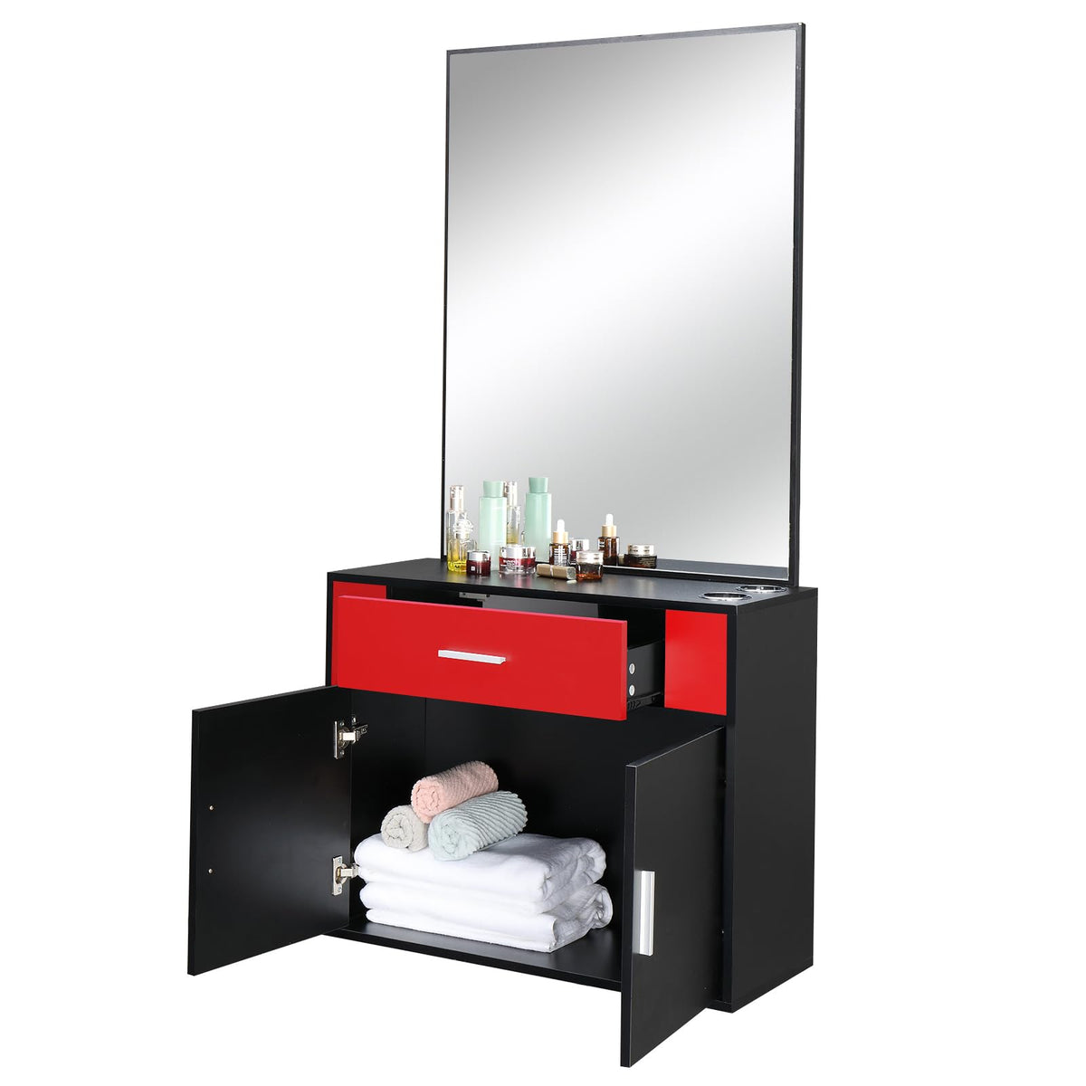 Black Salon Stations for Hair Stylist, Barber Station Organizer, Wall Mount Hair Styling Equipment, Wall Mount Barber Station Hair Styling with Mirror Dressing Table Beauty Salon Spa Equipment Set