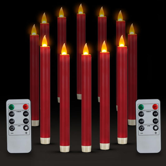 Flameless Taper Candles 10" Dripless Battery Operated Taper Candles Included Remote Timer 400+ Hours by 2AA Batteries for Halloween Christmas Wedding (Burgundy, 12 Pack)