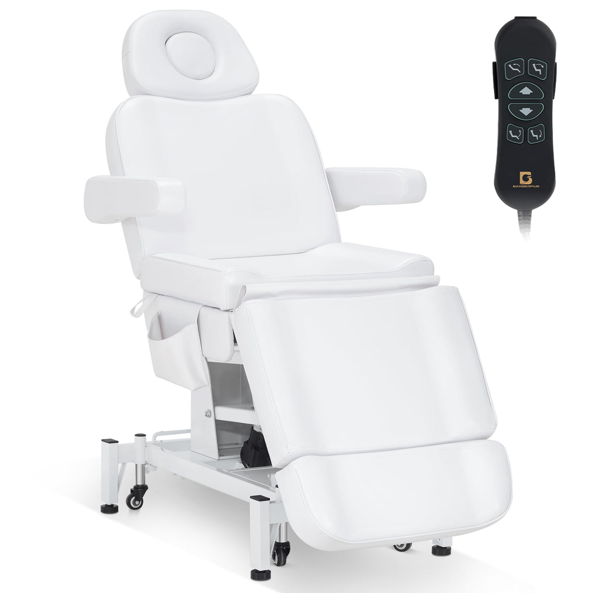 BarberPub Fully Electric Beauty Bed, 3-Motor Salon Spa Chair with Foot-Controlled Wheels, Adjustable Height, Backrest & Leg Rest – PVC Leather, Professional Facial & Treatment Table 2754 (White)