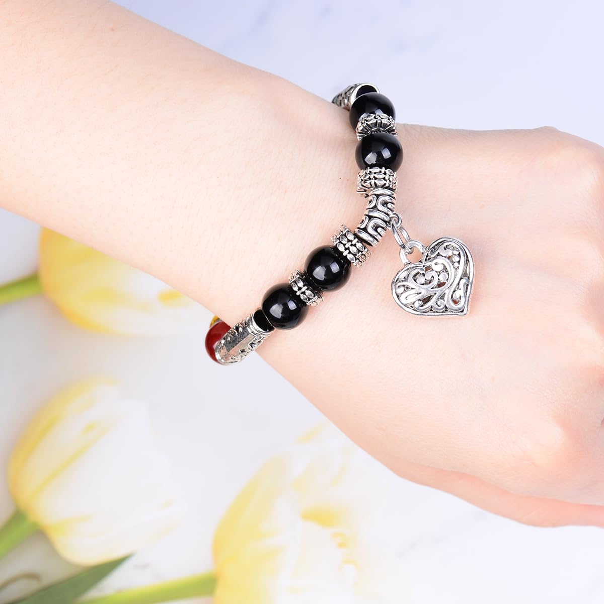 eMeition 7 chakra bracelet natural beads yoga meditation religion healing balance stones beaded healing balance bracelets for women heart pendant (heart)