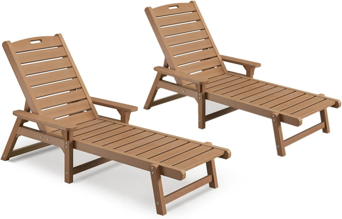 Psilvam Chaise Lounges Set of 2, Lounge Chairs with Adjustable Backrest, Supports Up to 350 lbs, All Weather Recliner Poly Lumber Lounges Bed for Poolside, Patio, Porch(Light Brown)