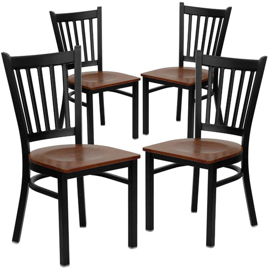 Flash Furniture 4 Pack HERCULES Series Black Vertical Back Metal Restaurant Chair - Cherry Wood Seat
