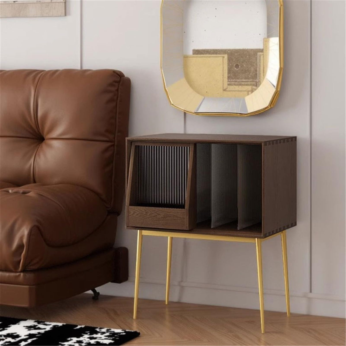 CAOJLjiaxiang-2012 CD-Holder Light Luxury Wooden Vinyl Record Cabinet with Sliding Doors, High Legged Books CD Storage Rack Record Player Stand