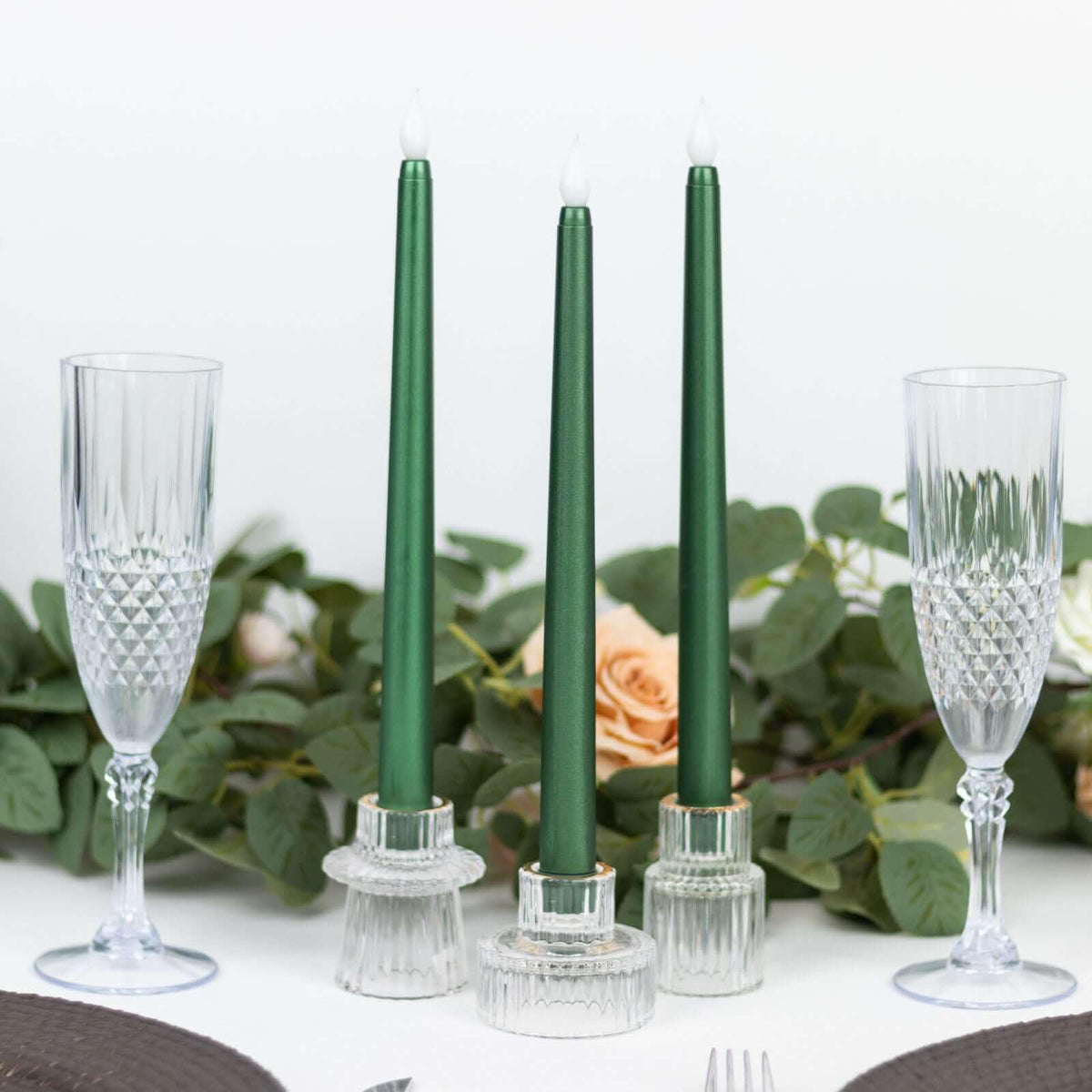 Efavormart Set of 3 | 11" Hunter Emerald Green Flameless LED Taper Candles, Warm Flickering Battery Operated Candles for Christmas & Forest Theme Decor