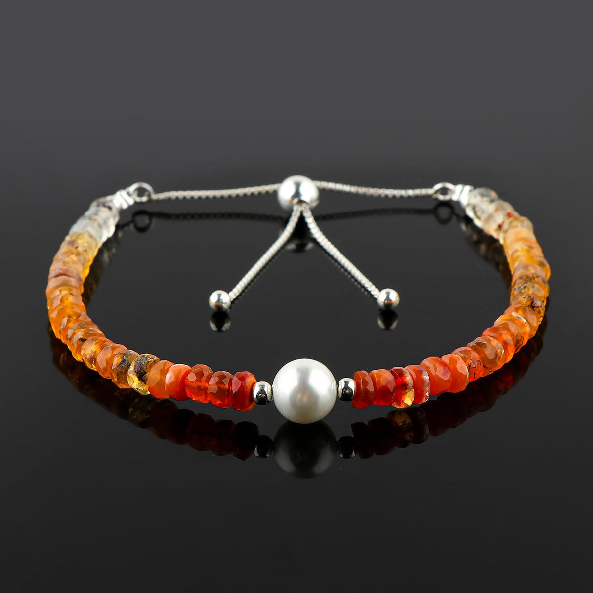 CRYSTALINES Natural Fire Opal Gemstones Beads Bolo Bracelets with Pearl, Handmade, Beaded Crystals Jewelry, Women Bracelet, Real Mexican Opal Stones, Silver Plated, Adjustable Slider Chain-10inch