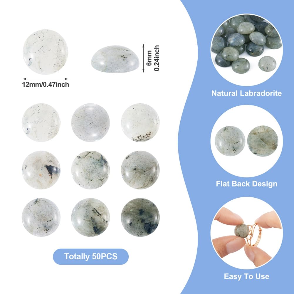 Fashewelry 50Pcs Natural Labradorite Cabochon Stone Half Round Beads 12mm Flat Back Gemstone Chakra Healing Crystal Cover Cabs for Jewelry Making