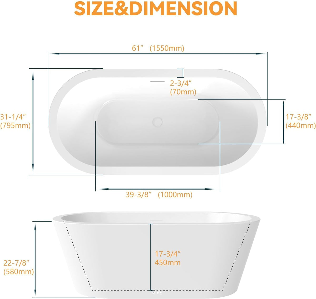 Adecab 61" Freestanding Bathtubs, Acrylic Soaking Tubs for Adult, Integrated Overflow and Drain, cUPC Certified, Glossy White