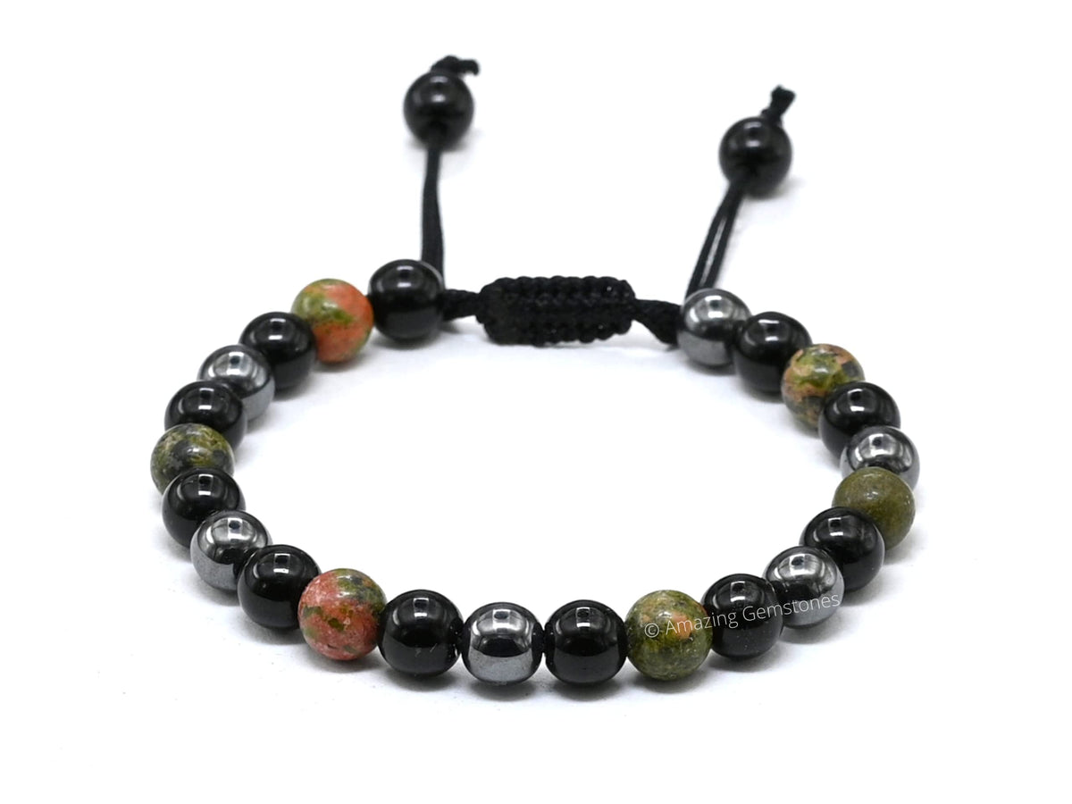 Amazing Gemstone Health Bracelet - Unakite Black Obsidian Hematite Bracelet Set for Men Women Healing Calming Anxiety Stress Relief Gifts Pulseras Para Hombres Mujer Stocking Stuffers (Adjustable)