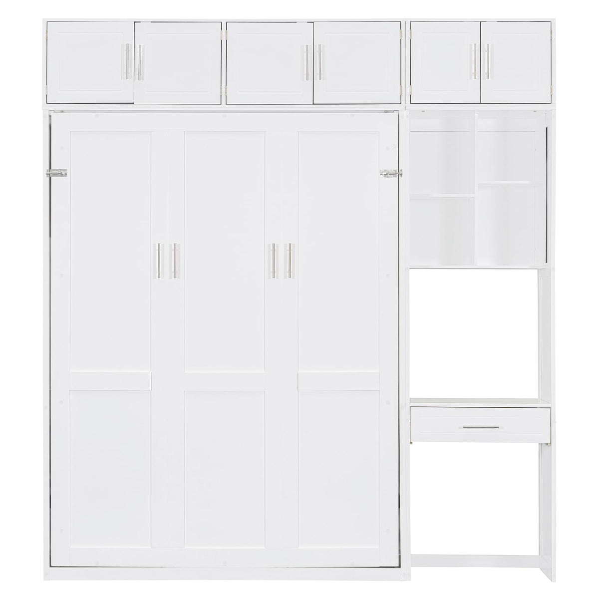 Merax Full Size Wall Murphy Bed with Desk, Top Cabinet and Storage Shelves, Space Saving Foldable Bed, Wooden Bed Frame