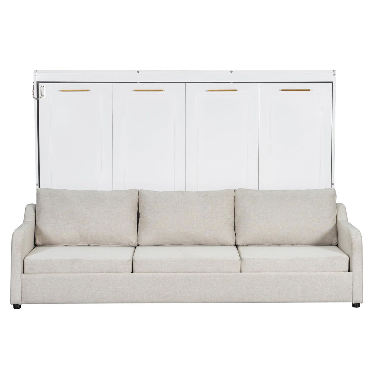 Bellemave Full Size Murphy Bed with Sofa, Cabinet Bed with Storage Shelves and LED Light, Farmhouse Murphy Cabinet with Folding Sofa, Noisy Free, for Guest Bedroom, Living Room, Office, Beige
