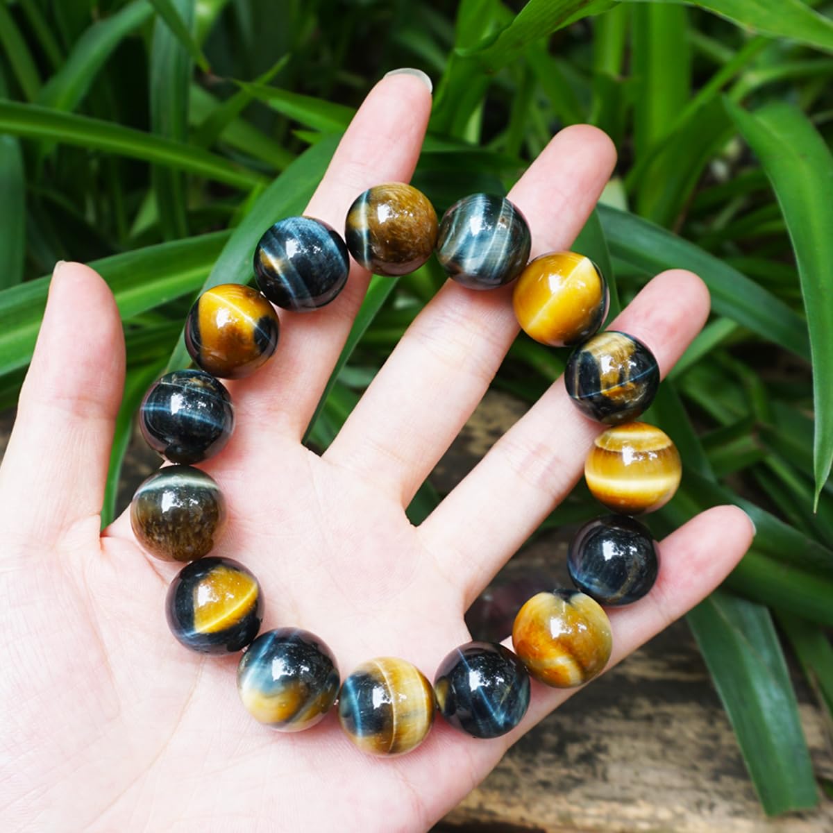 16MM Blue Tigers Eye Bracelet with Gold Eye, Fits for 9" Wrist Men Women | Protection from Evil Gem | Natural Birthstone for June