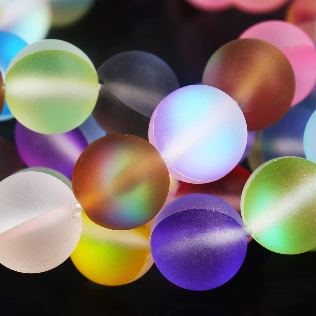 Matte Mixed Color Aurora Crystal Glass Beads, 10MM Frosted Glitter Shining Mermaid Round Loose Beads, Rainbow Holographic Synthetic Moonstone for Jewelry Making DIY Bracelet