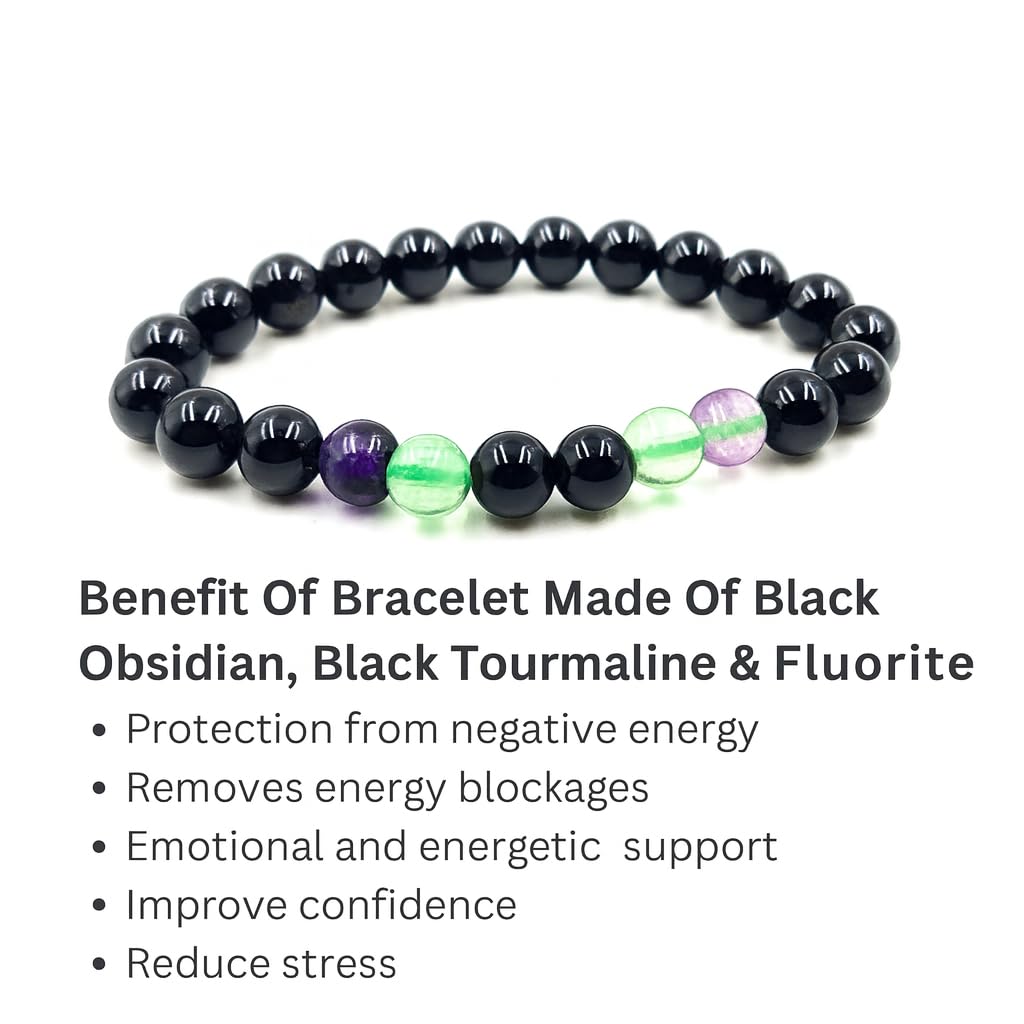 PRECIOUS PEBBLE Obsidian, Tourmaline & Fluorite Bracelets, Natural 8mm Crystal Beads, Handmade Stretch Bracelet for Men & Women – Symbolic Gift Accessory for Balance & Grounded Style