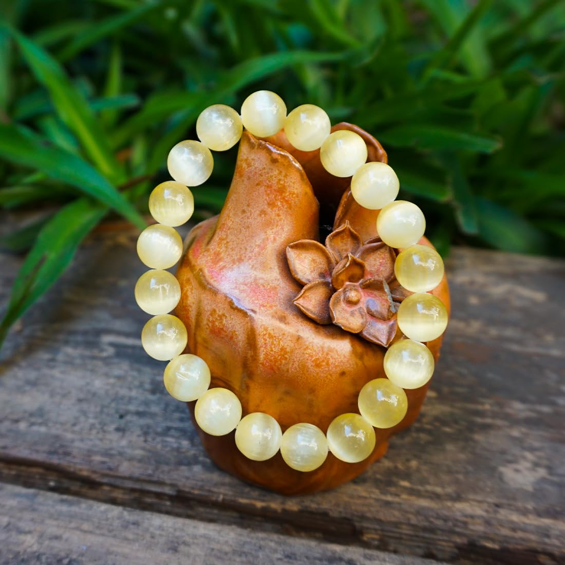 Natural Selenite Crystal Bracelet 10mm | Yellow Plated | Authentic Stone with Leather Pouch, Gift Box & Repair Kit | Fits 7-7.5 inch Wrist