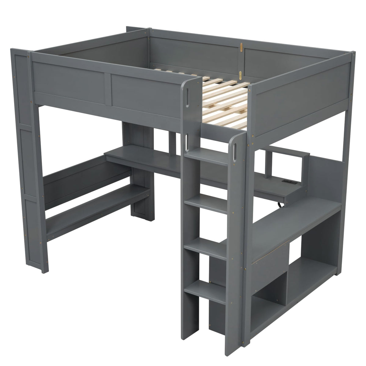 Merax Loft Bed Full Size with Gaming Desk, Mulfunctional Wood Loft Bed with Storage Shelves, Drawer and Charging Station, for Teens Adults (Dark Grey)