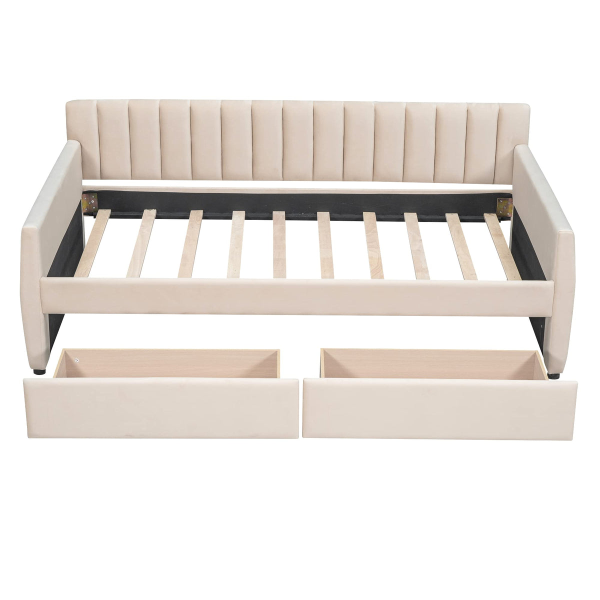 YOPTO Velvet Upholstered Twin Daybed with Two Storage Drawers, Solid Wooden Sofa Bed Frame w/Vertical Stripes Designed Backrest and Pine Legs, Space-Saving Design