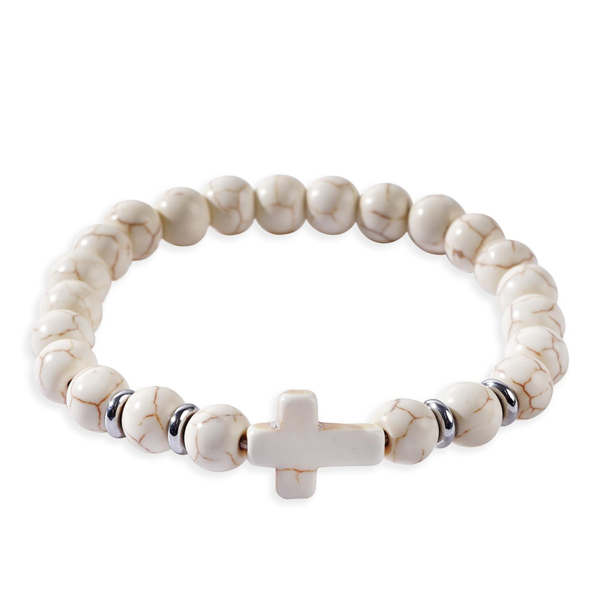 Frigotine White Cross Gemstone Beaded Stretch Protection Bracelet for Man Woman, Handmade Healing Stone Chakra Beads Elastic Bracelets Religious Accessories Fashion Jewelry Fathers Gift