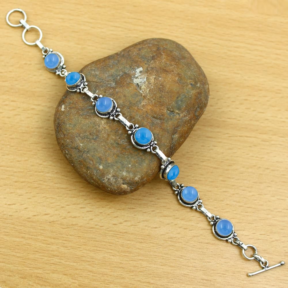 Natural Chalcedony 925 Silver Plated Round Gemstone Bracelet for Women - March Birthstone Vintage Bohemian Style Handmade Link Adjustable Bracelet Gifts for Mom Wife Sister Her