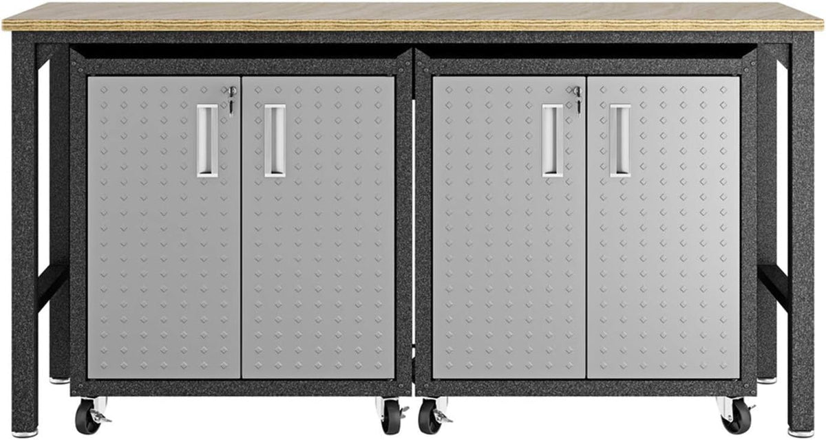 Manhattan Comfort Fortress 3-Piece Textured Garage Storage Set, Includes Mobile Metal Cabinet Chests and Worktable, Space-Saving Design, 25 Gauge Metal, Lockable Wheels, 1.0 Series, Grey