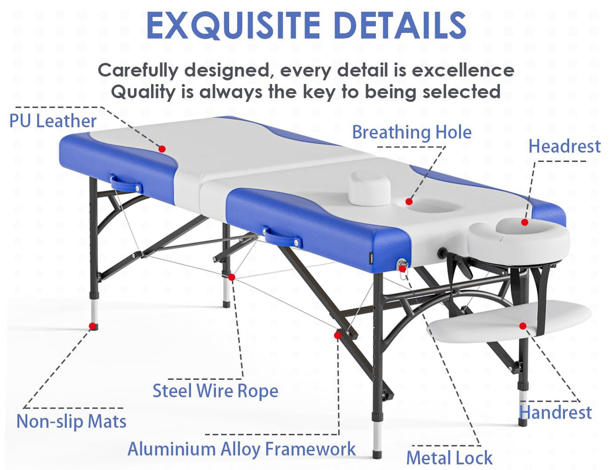 CLORIS 84" Professional Massage Table Portable 2 Folding Lightweight Facial Salon Spa Tattoo Bed Height Adjustable with Carrying Bag & Aluminium Leg Hold Up to 1000LBS - Widen
